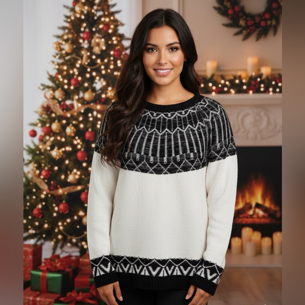 Talbots petites 2Xp fair isle plush ivory/black pullover holiday cozy sweater